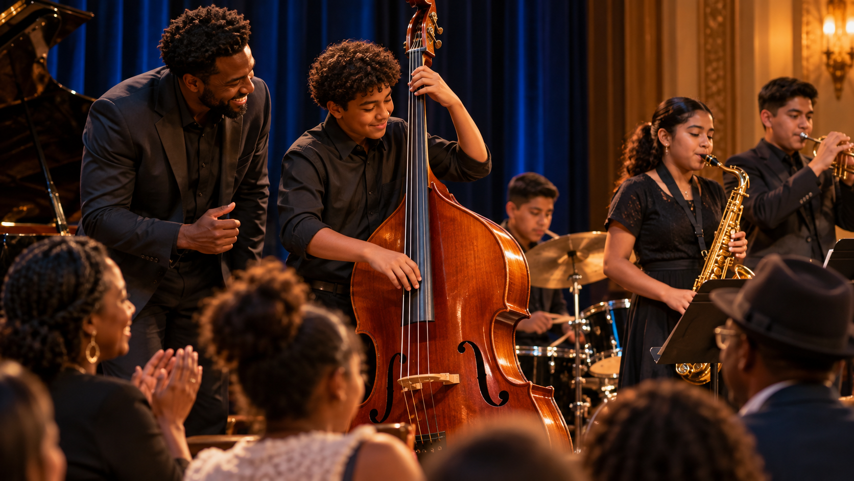 Illustration of a student ensemble and mentor performing together
